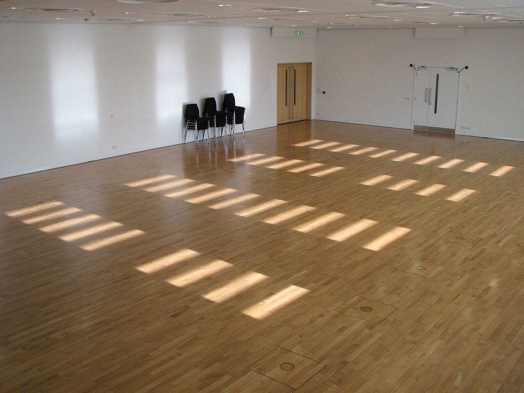 Empty dance studio with a wood floor and bars of window light